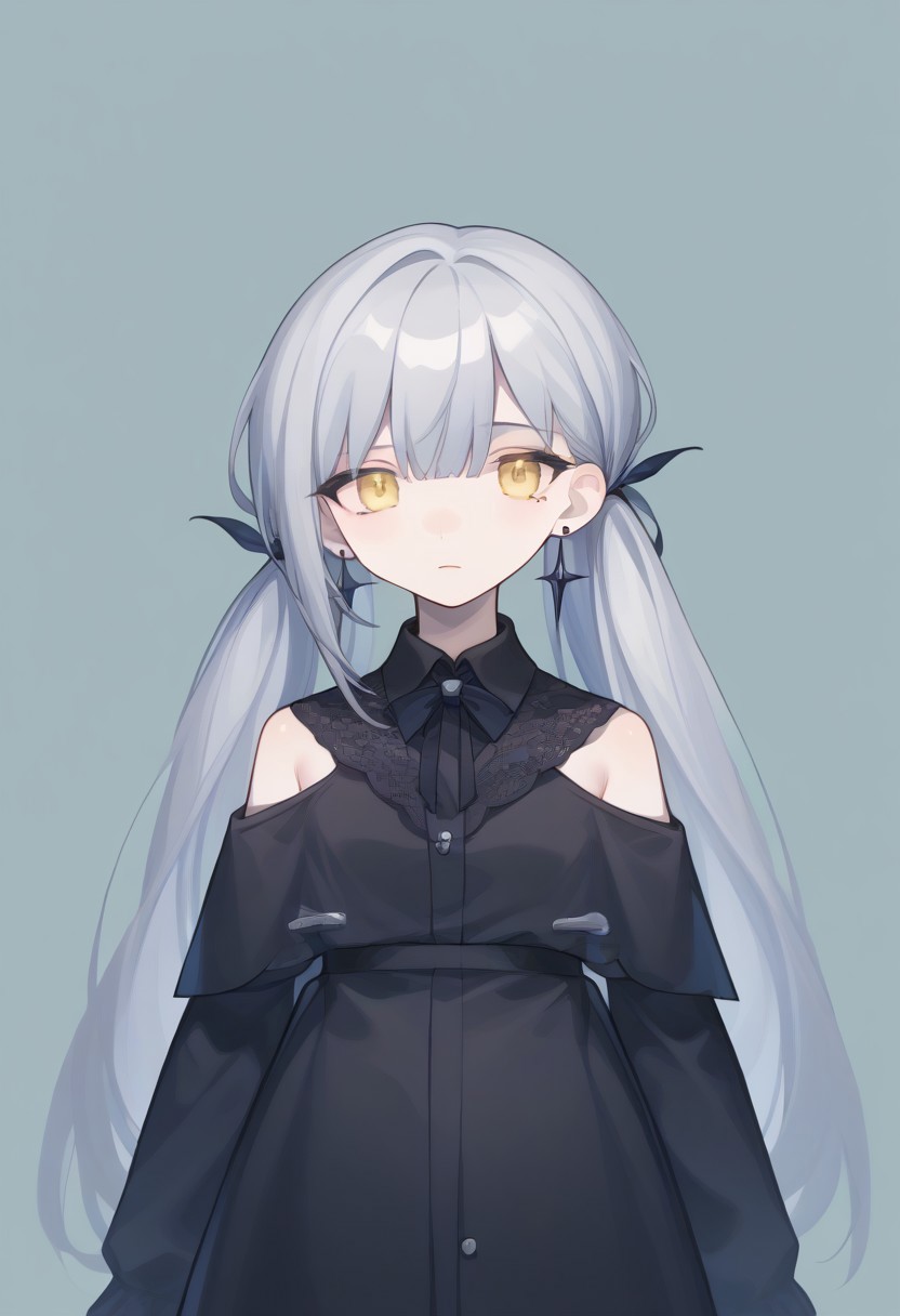 score_9, score_8_up, score_7_up, source_anime, BREAK, standing, simple background, cowboy shot, grey hair, yellow eyes, mole under eye, pale skin, earrings, clothonc, black dress