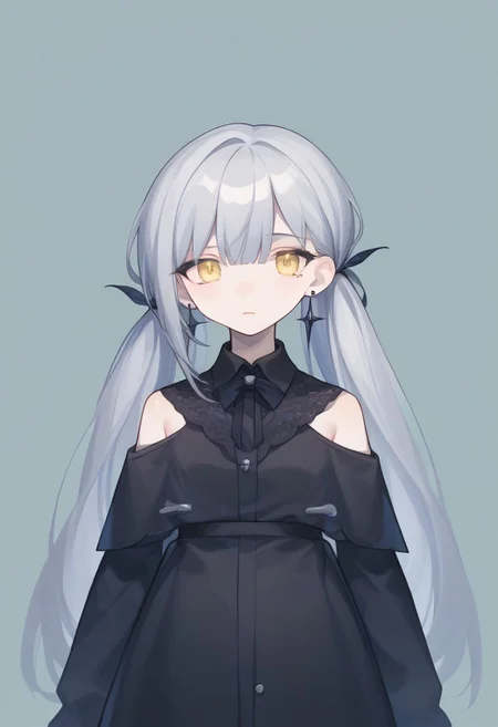 score_9, score_8_up, score_7_up, source_anime, BREAK, standing, simple background, cowboy shot, grey hair, yellow eyes, mole under eye, pale skin, earrings, clothonc, black dress