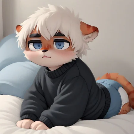 ((milkytiger)), white hair, blue eyes, tiger, furry, black sweater, gray shorts, 1boy, solo, sitting, in bed, shy, blush