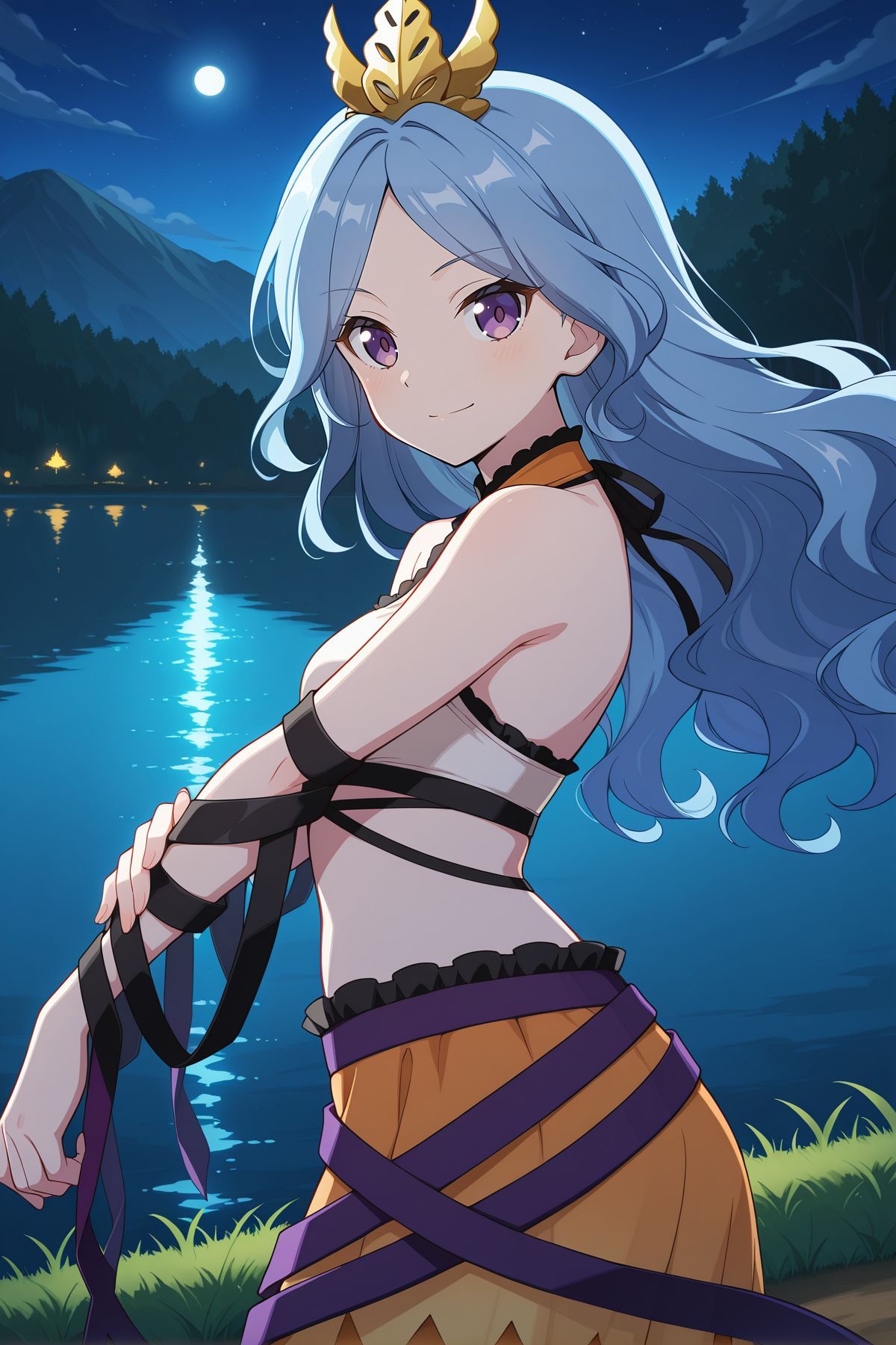 absurdres, highres, masterpiece, best quality, amazing quality, official anime artwork, screencap, anime screencap, outdoors, looking at viewer, light smile, dynamic pose, 
 <lora:Ubame-Chirizuka_Illustrious:1> chirizuka ubame, 1girl, solo, purple eyes, blue hair, long hair, wavy hair,, gold crown, bare shoulders, multicolored crop top, sleeveless shirt, black arm wrap, black ribbon, orange skirt, purple ribbon,
from the side, night, lake,