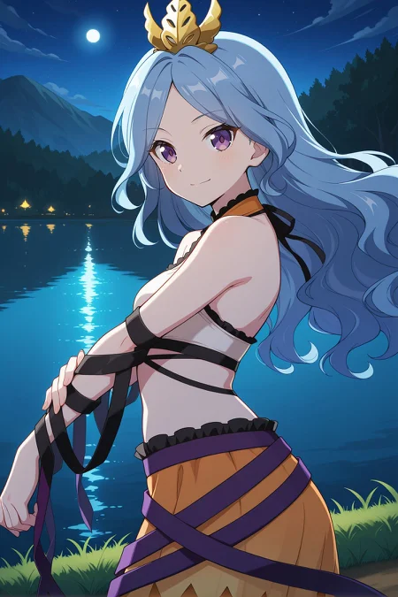 absurdres, highres, masterpiece, best quality, amazing quality, official anime artwork, screencap, anime screencap, outdoors, looking at viewer, light smile, dynamic pose,
<lora:Ubame-Chirizuka_Illustrious:1> chirizuka ubame, 1girl, solo, purple eyes, blue hair, long hair, wavy hair,, gold crown, bare shoulders, multicolored crop top, sleeveless shirt, black arm wrap, black ribbon, orange skirt, purple ribbon,
from the side, night, lake,