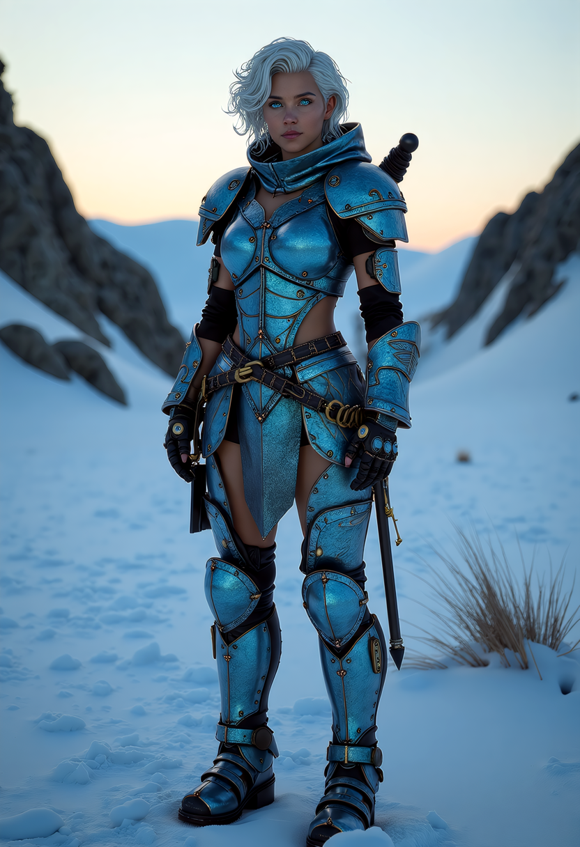 vikingpunk style  mature  radiant female (XX) italian, tan skin, turquoise eyes, character, Regular body build, short curly down white hair, ,, wearing a icy blue dragon scale armor, shock absorbent boots, mechanical_legs, set in  a niflheim-wastelands outpost, a fortified bunker equipped with geothermal generators and ice-mining drills, a precarious foothold in the hostile environment. , at dawn,,   <lora:flux_trainer/moxiePunk_v4D>