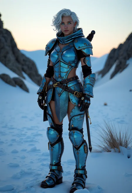 vikingpunk style mature radiant female (XX) italian, tan skin, turquoise eyes, character, Regular body build, short curly down white hair, ,, wearing a icy blue dragon scale armor, shock absorbent boots, mechanical_legs, set in a niflheim-wastelands outpost, a fortified bunker equipped with geothermal generators and ice-mining drills, a precarious foothold in the hostile environment. , at dawn,, <lora:flux_trainer/moxiePunk_v4D>