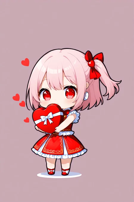 1girl, solo, chibi, holding heart shaped box, raising arm, simple background
