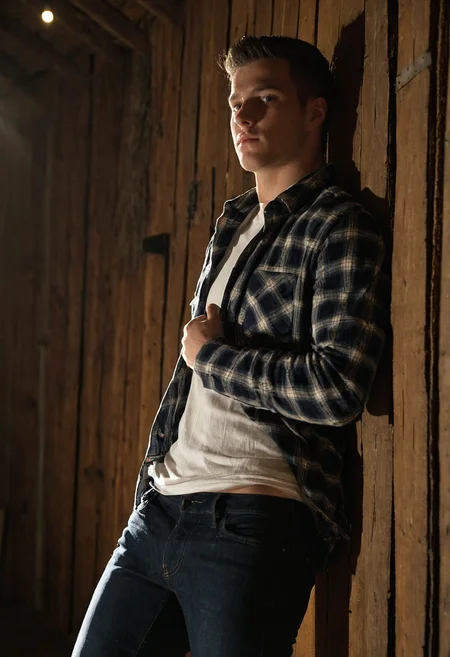 mdjperson <lora:mdj_sdxl_v1-000008:0.8> posing confidently against a wall in a rustic barn, direct gaze, beams of light filtering through wooden slats, wearing an open plaid flannel shirt over a fitted white tee, dark jeans, warm natural lighting, moody shadows, cinematic vibe, shallow depth of field, shot on DSLR, sharp focus, realistic textures, editorial photo style
