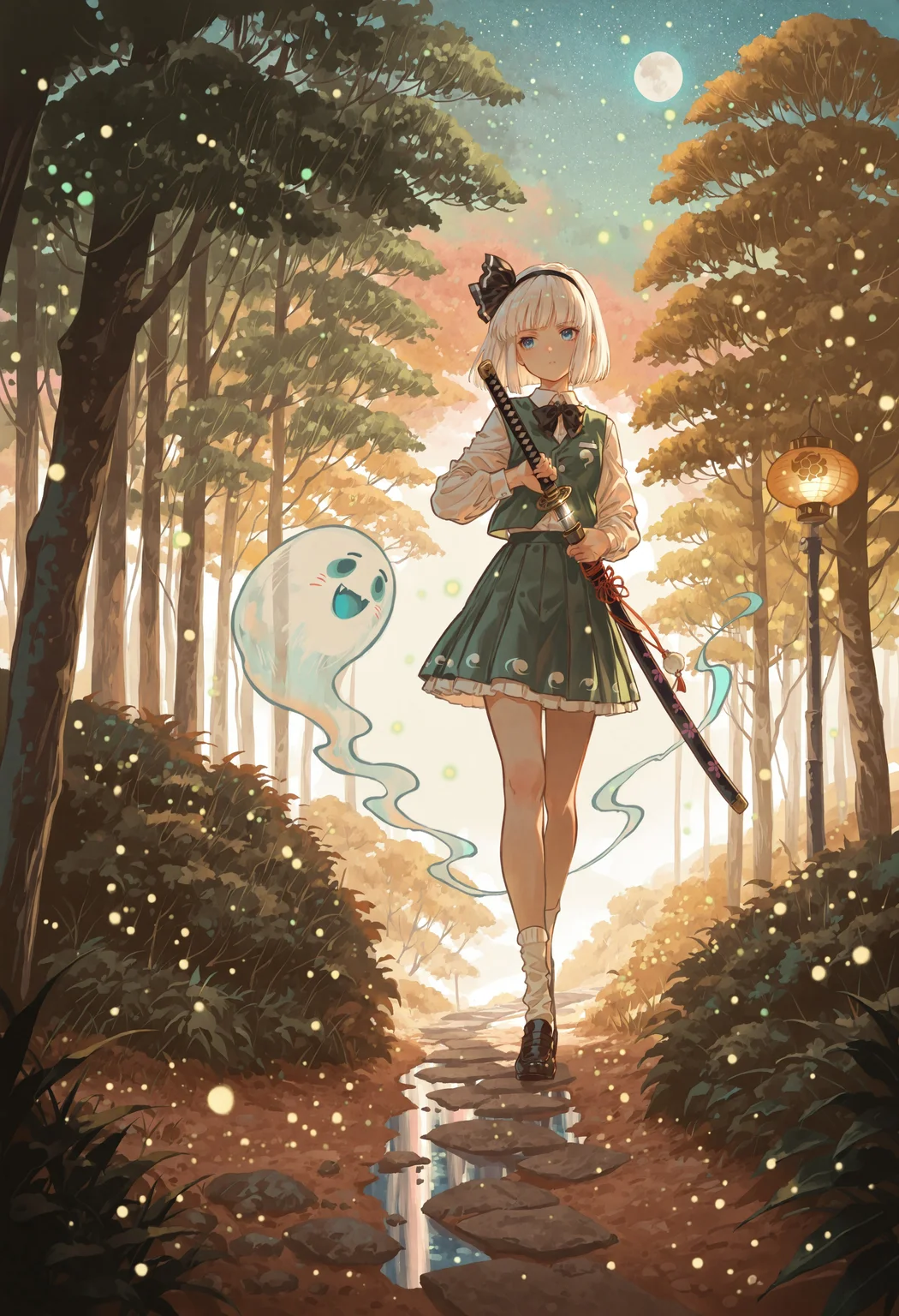 safe_pos, source_anime, high res image, masterpiece, best quality, very awa, absurdres, perfect quality, newest, HDR, highres, scenic, ultra detailed face, detailed eyes,
BREAK 1girl, konpaku youmu, solo, white hair, short hair, blunt bangs, blue eyes, hairband, hair ribbon, black ribbon, black bowtie, white shirt, collared shirt, green vest, green skirt, socks, katana, (detailed katana:1.2), drawing a katana, unsheathing a katana, ghost, girl focus
BREAK riverside, lantern, moon light, (soft lighting:1.1), stars, lantern light, fireflies, trees, path, bushes, pastel colors, gradient color, cozy atmosphere, warm tone