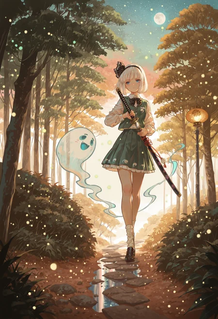safe_pos, source_anime, high res image, masterpiece, best quality, very awa, absurdres, perfect quality, newest, HDR, highres, scenic, ultra detailed face, detailed eyes,
BREAK 1girl, konpaku youmu, solo, white hair, short hair, blunt bangs, blue eyes, hairband, hair ribbon, black ribbon, black bowtie, white shirt, collared shirt, green vest, green skirt, socks, katana, (detailed katana:1.2), drawing a katana, unsheathing a katana, ghost, girl focus
BREAK riverside, lantern, moon light, (soft lighting:1.1), stars, lantern light, fireflies, trees, path, bushes, pastel colors, gradient color, cozy atmosphere, warm tone