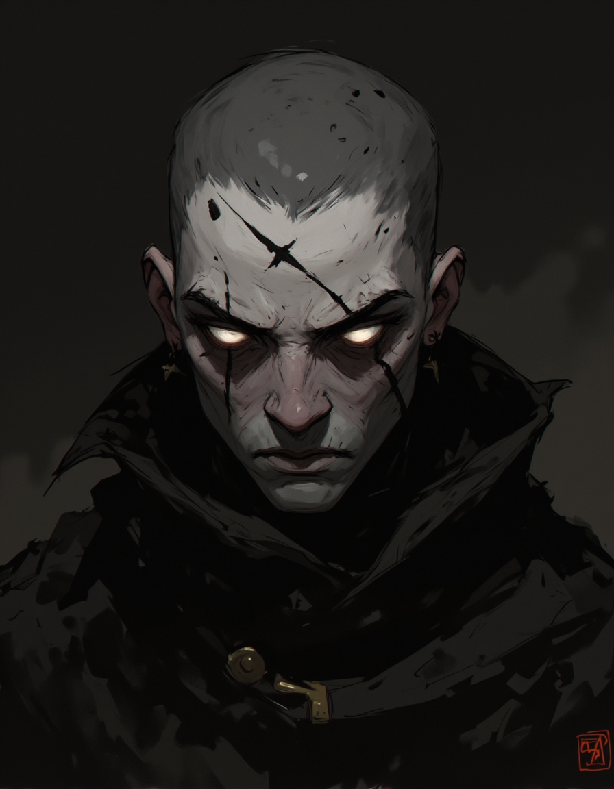 Ev Ganin style. This is a digital drawing in a dark, gritty style, depicting a haunting, androgynous figure with an unsettling, otherworldly appearance. The subject has a pale, almost translucent complexion, with a shaved head and a pronounced, angular jawline. Their eyes are an eerie, glowing white, devoid of pupils, giving them a menacing, almost supernatural look. The face is marked with subtle, jagged, dark lines, enhancing the edgy, intense expression. <lora:Ev_Ganin:1.0>