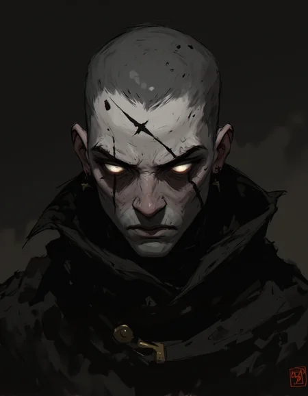 Ev Ganin style. This is a digital drawing in a dark, gritty style, depicting a haunting, androgynous figure with an unsettling, otherworldly appearance. The subject has a pale, almost translucent complexion, with a shaved head and a pronounced, angular jawline. Their eyes are an eerie, glowing white, devoid of pupils, giving them a menacing, almost supernatural look. The face is marked with subtle, jagged, dark lines, enhancing the edgy, intense expression. <lora:Ev_Ganin:1.0>