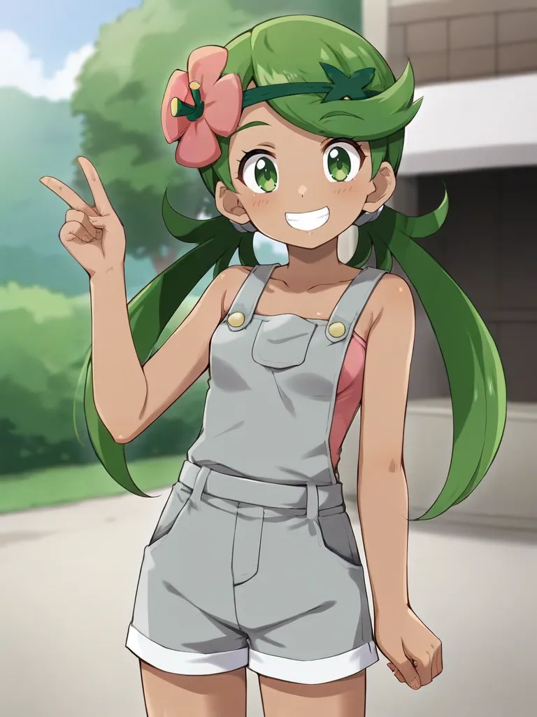 <lora:mallmaowtsukishiro:0.7>
1girl, solo, maollow, dark skin, green hair, low twintails, hair ornament, hair flower, green eyes, pink shirt, grey overalls, gray shorts, standing, outdoors, smile