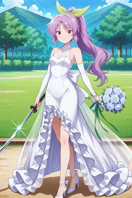 absurdres, highres, masterpiece, best quality, amazing quality, official anime artwork, screencap, anime screencap, outdoors, looking at viewer, light smile, dynamic pose, standing,
<lora:Watatsuki-no-Yorihime_Illustrious:1> watatsuki no yorihime, 1girl, solo, red eyes, puple hair, long hair, ponytail, small breasts,, watatsuki no yorihime \(exquisite lunar swordswoman\), alternate costume, hair bow, green bow, earrings, necklace, white dress, wedding dress, sleeveless dress, frilled dress, lace-trimmed dress, see-through clothes, bridal gauntlets, elbow gloves, large bow, white bow, long dress, strappy heels, white footwear, holding sword, bouquet,