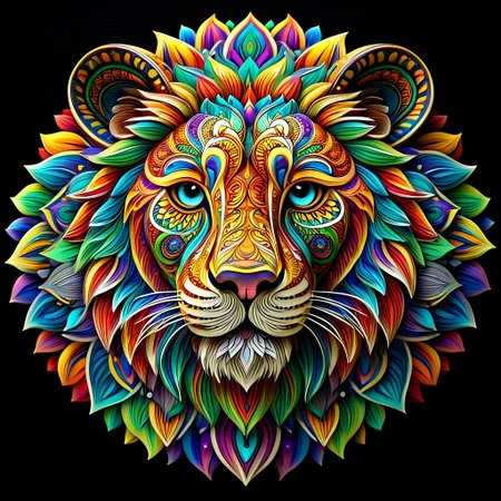 create a straight forward image of a Lions face made of intricate and complex mandala designs, extremely beautiful colors showing an aura of beauty, blend rainbow colors in an Ambre, UHD, 32K