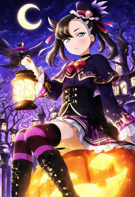 (masterpiece, best quality, good quality, very aesthetic, absurdres, newest:1.2), 1girl, solo, eyelashes, (beautiful eyes), zzMarnie, aqua eyes, black choker, red ribbon, BREAK, (sitting), floating, goth, ascot, asymmetrical legwear, back bow, bare tree, black footwear, black thighhighs, boots, bow, capelet, castle, crescent moon, crow, earrings, feathers, halloween, hat, heart, heart tattoo, holding, holding lantern, jack-o-lantern, jewelry, knee boots, lantern, long sleeves, looking at viewer, love live! sunshine!!, mini hat, mini top hat, mismatched legwear, moon, night, one side up, parted lips, striped clothes, striped thighhighs, thighhighs, top hat, tree, zettai ryouiki,,<lora:LoveLiveSchoolIdolFestivalAllStarsNAI:1.0>, ,<lora:MarniePokemon_NAI_v2:1.0>,