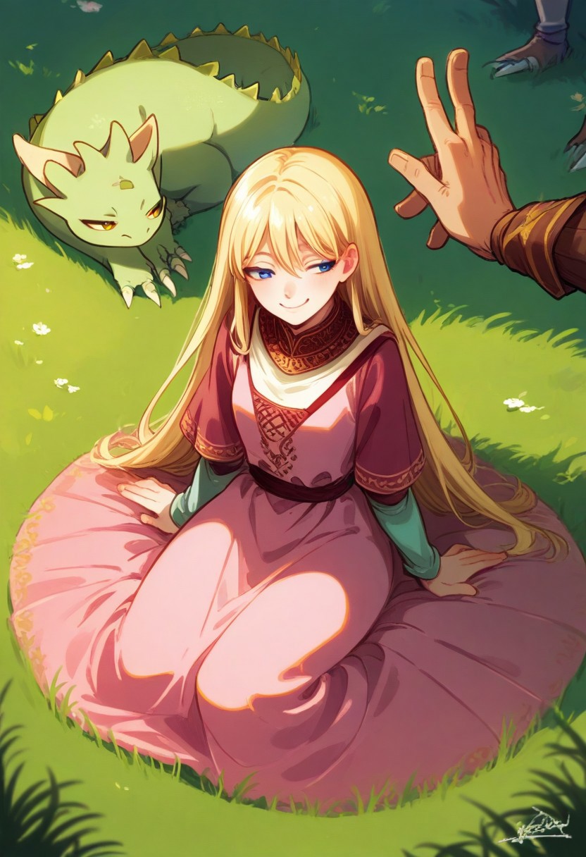 <lora:SkyDollXLV37:0.25>, <lora:alessandrobarbucci:0.15>,
young female, blue eyes, blonde hair, long hair, smile, sitting on ground, half-closed eyes, looking at another, pink dress,
green baby dragon, yellow eyes, sitting, looking at another, 
field, high grass, outdoors,
solo focus,
fantasy, medieval,
, 5_fingers, <lora:AlessandroBarbucci:0.6>