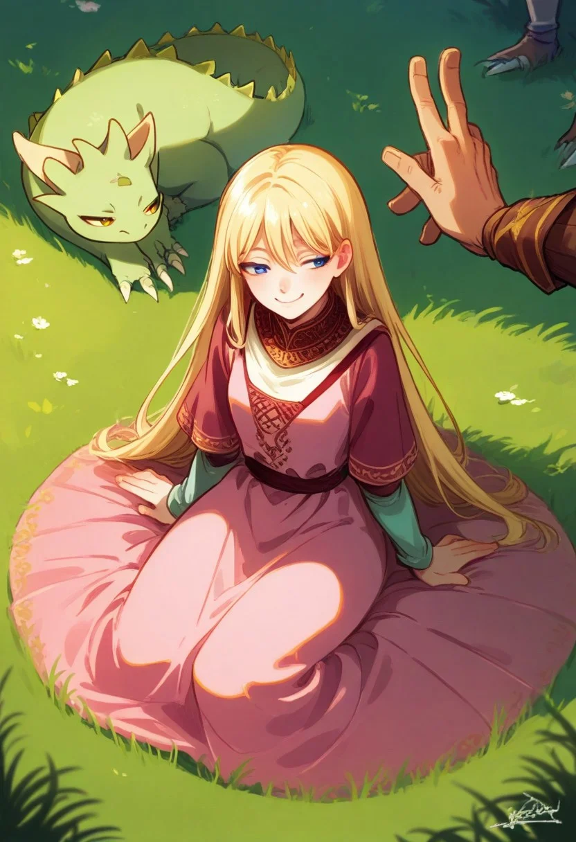 <lora:SkyDollXLV37:0.25>, <lora:alessandrobarbucci:0.15>,
young female, blue eyes, blonde hair, long hair, smile, sitting on ground, half-closed eyes, looking at another, pink dress,
green baby dragon, yellow eyes, sitting, looking at another, 
field, high grass, outdoors,
solo focus,
fantasy, medieval,
, 5_fingers, <lora:AlessandroBarbucci:0.6>