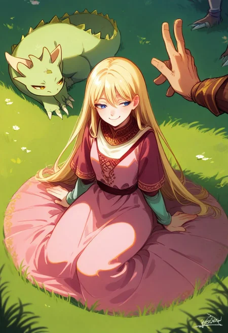 <lora:SkyDollXLV37:0.25>, <lora:alessandrobarbucci:0.15>,
young female, blue eyes, blonde hair, long hair, smile, sitting on ground, half-closed eyes, looking at another, pink dress,
green baby dragon, yellow eyes, sitting, looking at another,
field, high grass, outdoors,
solo focus,
fantasy, medieval,
, 5_fingers, <lora:AlessandroBarbucci:0.6>