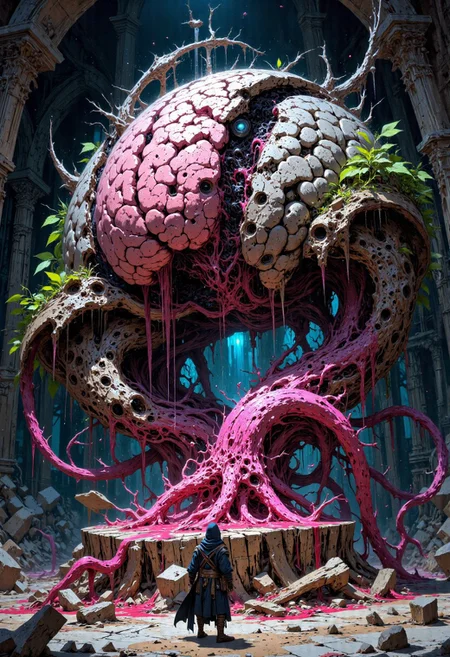 cinematic photo. Image is a digital painting featuring a fantasy-themed scene of a massive limbless, slimy pinkish-gray & faceless brain, filling half the room. The brain lies dying on the floor like a burst balloon . The brain is split down the midline/corpus callosum, the mangled halves divided by a gaping wound. Clear fluid jets out from several wounds and the dying brain spills bloody ichor, globs of brain matter and splattery black-brown gore on the gray stone floor. Severed mauve tentacles litter the chamber. 
The brain-slayer is a hooded, slim swashbuckler/rogue in the mold of Hawkmoon and the Gray Mouser stands looking down on the squashed brain after a fierce battle. He has just slain a giant disembodied Elder Brain, his curved sword still piercing its deflating cerebrum in its pool. The hood hides his features in darkness. He is clad in battle-worn gray leather long breeches and cuirass with supple boots and crossed bandoliers. A Fabulous trove awaits the victor. lighting on the subject. 35mm photograph, film, bokeh, professional, 4k, highly detailed
<lora:Anime v1.3:0.6> <lora:VividlySurreal:0.6> <lora:FLUX-daubrez-DB4RZ-v2:0.4>  <lora:FluxMythP0rtr4itStyle:0.6>