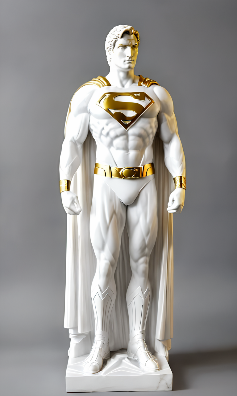 a Greek statue of Superman, best quality, masterpiece,  <lora:cstatuesdxl:1>, cstatuesdxl, white and gold, flowing cape, action pose