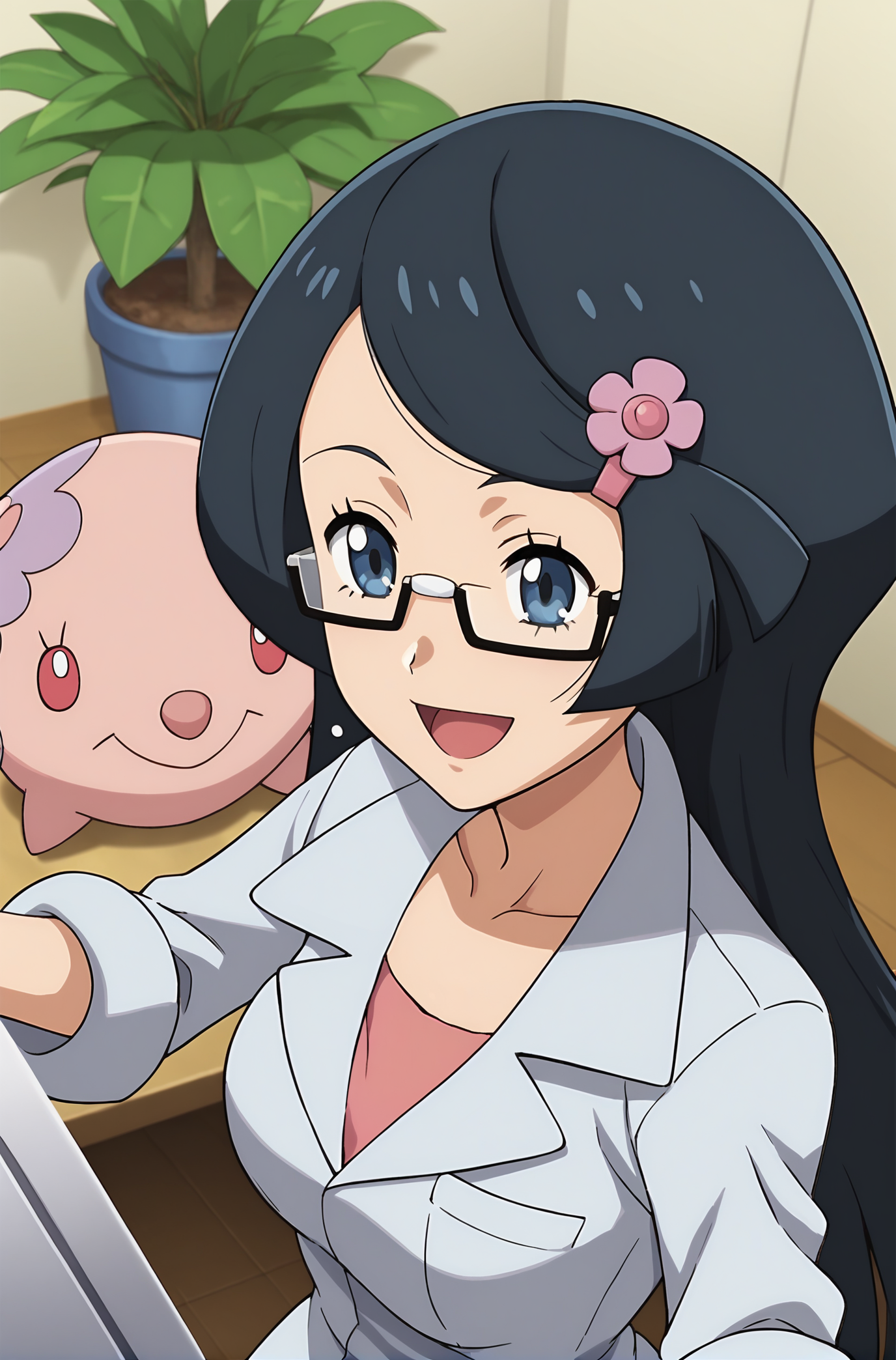 score_9, score_8_up, score_7_up, score_6_up, source anime, anime, animification, anime screencap, anime coloring, vivid colors, shiny skin, skindentation, deep skin, depth of field, high quality, highres, (dynamic angle,dynamic pose),
fennel \(pokemon\), 1girl, long hair, smile, open mouth, shirt, black hair, hair ornament, collarbone, blue eyes, upper body, flower, :d, glasses, hairclip, indoors, munna, pokemon \(creature\), plant, semi-rimless eyewear, labcoat, potted plant, monitor
BREAK
masterpiece,high quality
 <lora:Fennel_PokemonPony:0.9>