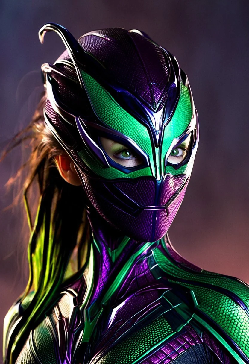 A young woman, hyper-realistic, with intricate, eerie Venom-inspired Vespid attire, adorned with dark, metallic accents and eerie, pulsing green undertones, set against a muted, high-contrast background, with soft, cinematic lighting casting deep shadows, emphasizing her determined expression, in a tight, close-up crop, with a shallow depth of field, blurring the edges of her dark, wispy hair.