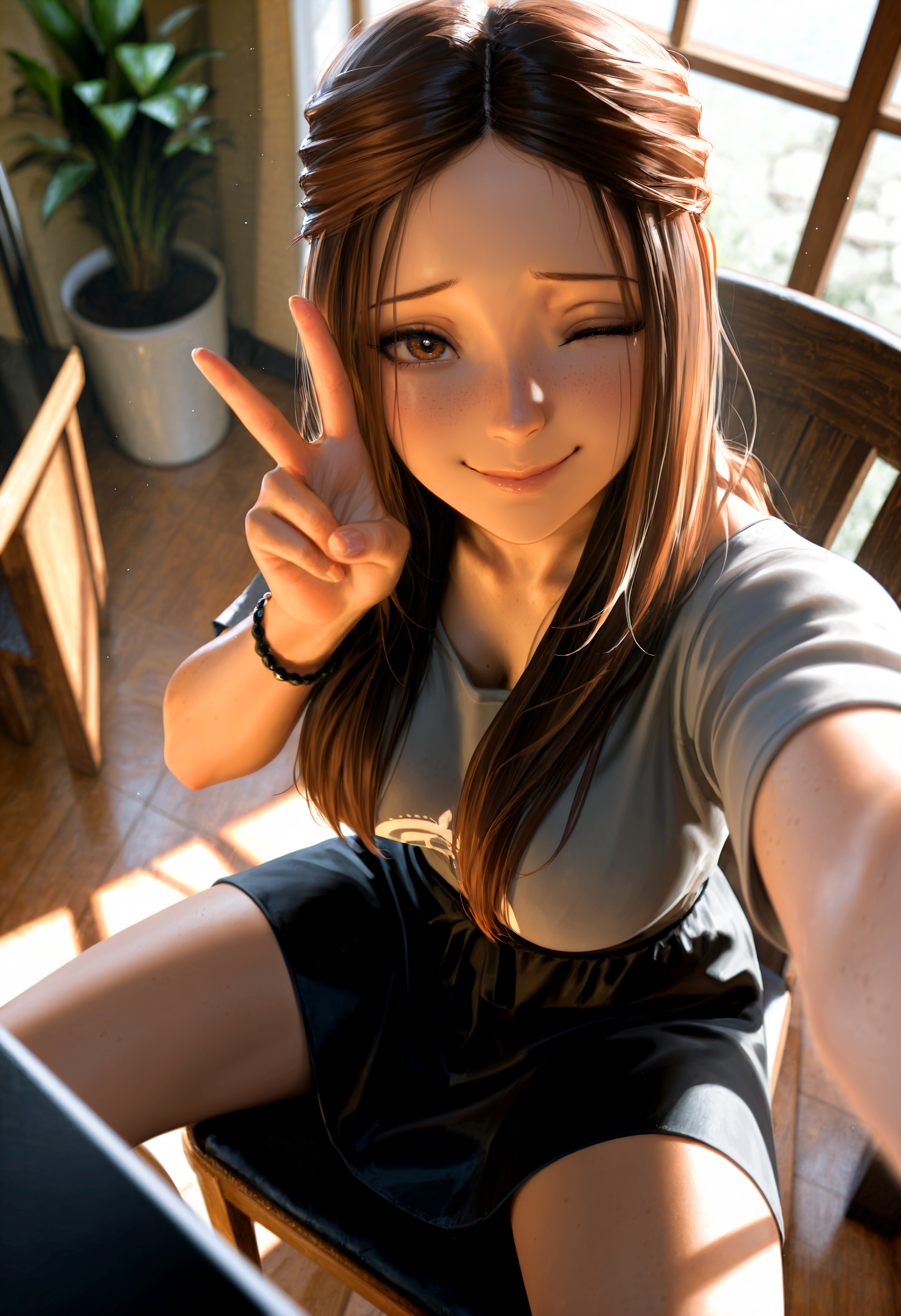 HDR, 8K, high contrast, masterpiece, best quality, amazing quality, very aesthetic, superabsurd res, high resolution, ultra-detailed, absurdres, newest, scenery, (horikoshi kouhei:0.3), (quasarcake:0.3), (wlop:0.3), light rays, chiaroscuro, dynamic angle, perspective, foreshortening, from above, selfie, wvm_jamie, brown eyes, freckles, long hair, brown hair, large breasts, shirt, grey shirt, short sleeves, skirt, black skirt, bracelet, nervous, sitting, leaning forward, spread legs, looking at viewer, facing viewer, smile, closed mouth, one eye closed, (embarrassed, shy, seductive eyes), v, chair, cafe, window, potted plant, dust, Intricately designed, Mysterious Shadows, BREAK, photorealistic, beautiful, epic, detailed skin, detailed hair, volumetric lighting, dappled light, light particles, dramatic shadows, cinematic lighting, photo background, depth of field, <lora:ponyxl\cfg_scale_boost:0.8> <lora:IL\KMS_WVM_Jamie_IL-000009:0.8>