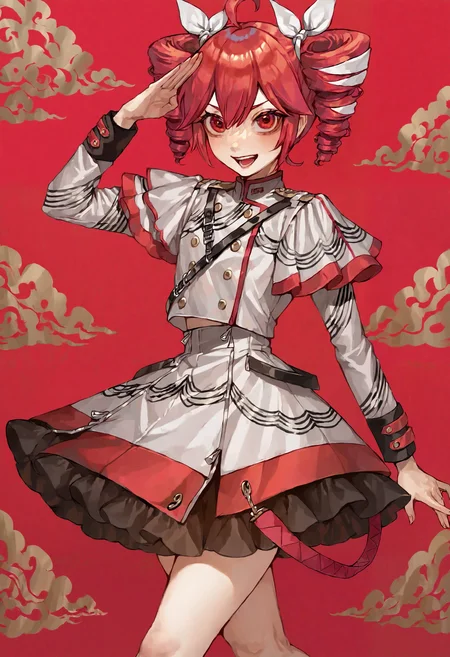 masterpiece, highres, absurdres, newest, very awa, simple background, red background, pattern background, ribbon background, 1girl, kasane teto (sv), white hair ribbon, red hair, drill hair, twin drills, red eyes, salute, from the side, walking, one leg up, <lora:sakauchi_waka:0.8>, <lora:spo_sdxl_10ep_4k-data_lora_webui>, <lora:ponyv5_noobV065S_1_adamW-000013:0.7>