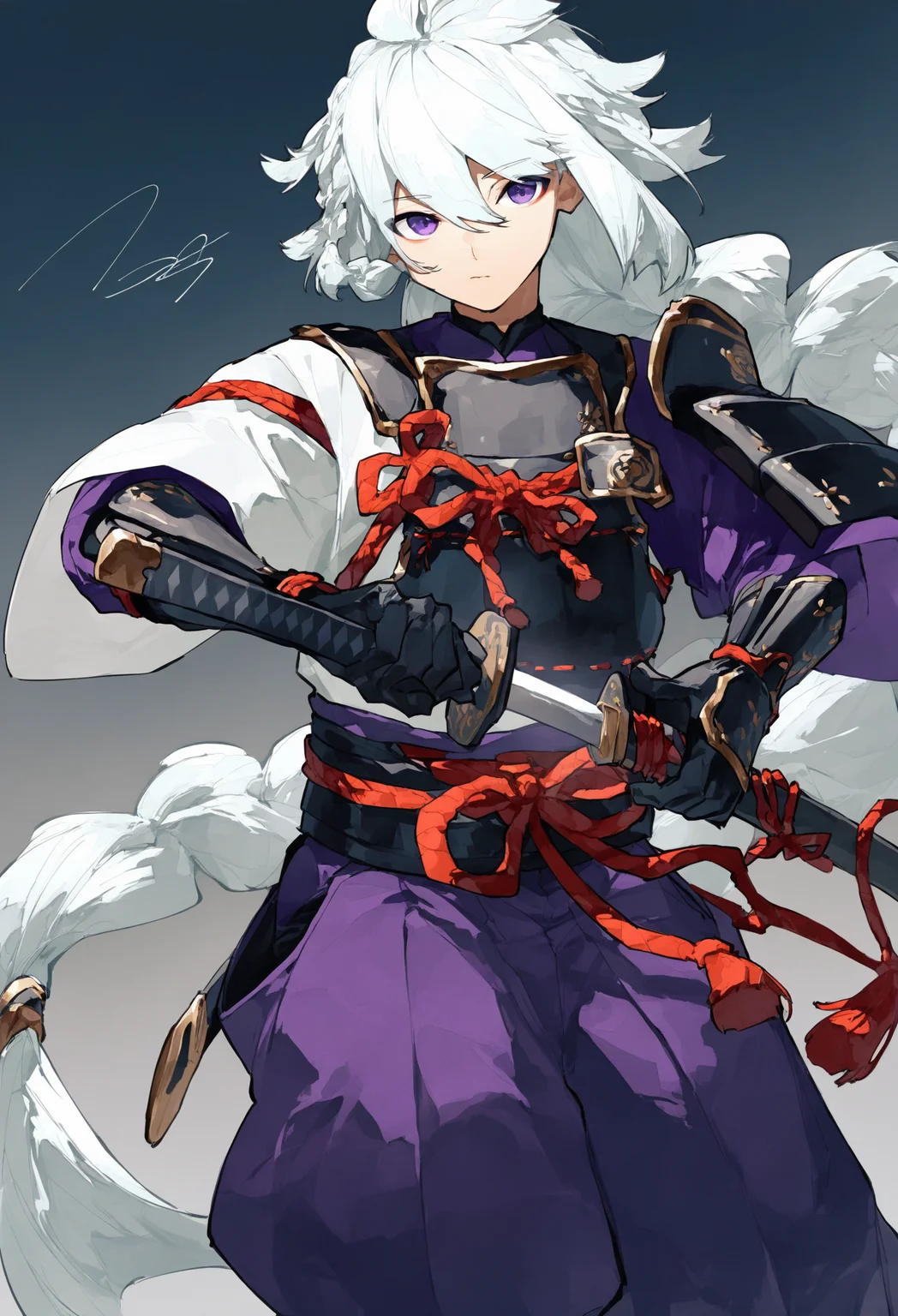 1boy, male focus,
weapon, sword, solo, katana, white hair, belt, purple eyes, long hair, sheath, low-braided long hair, holding, gloves, low-tied long hair, black gloves, japanese armor, holding weapon, unsheathing, very long hair, drawing sword, pants, japanese clothes, black belt, cowboy shot, single braid, closed mouth, scabbard, red rope, looking at viewer, holding sword, wide sleeves, hakama, braid, armor, rope, kote, purple pants,
.
masterpiece, best quality, very aesthetic, absurdres
<lora:potgfornoob:0.95>
