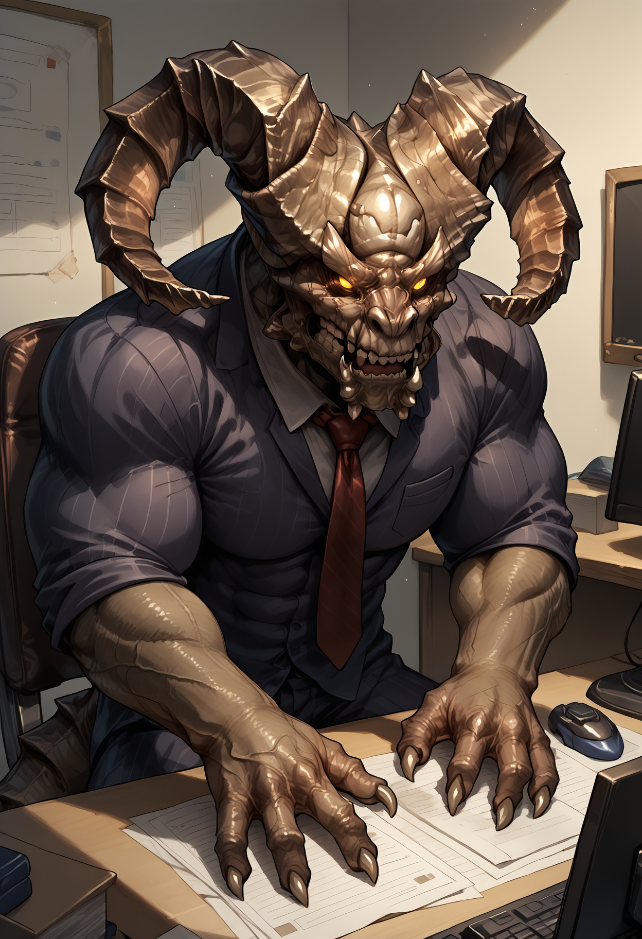 zPDXL3, score_9_up, score_8_up, score_7_up, detailed face, detailed body, detailed background, perfect hands, perfect anatomy, masterpiece, high quality, best quality, rating_safe BREAK office, work, computer, desk, sitting, taurusdemon, monster, demon, horns, yellow eyes, glowing eyes, muscular, claws, four fingers, suit, tie <lora:detailed_notrigger:1> <lora:TaurusDemon_DarkSouls_V1:0.8>  <lora:Expressive_H:1>