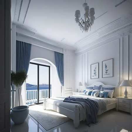<lyco:Greek_style_interior_design_Sa_May:1.0> Greek style interior design of bedroom
