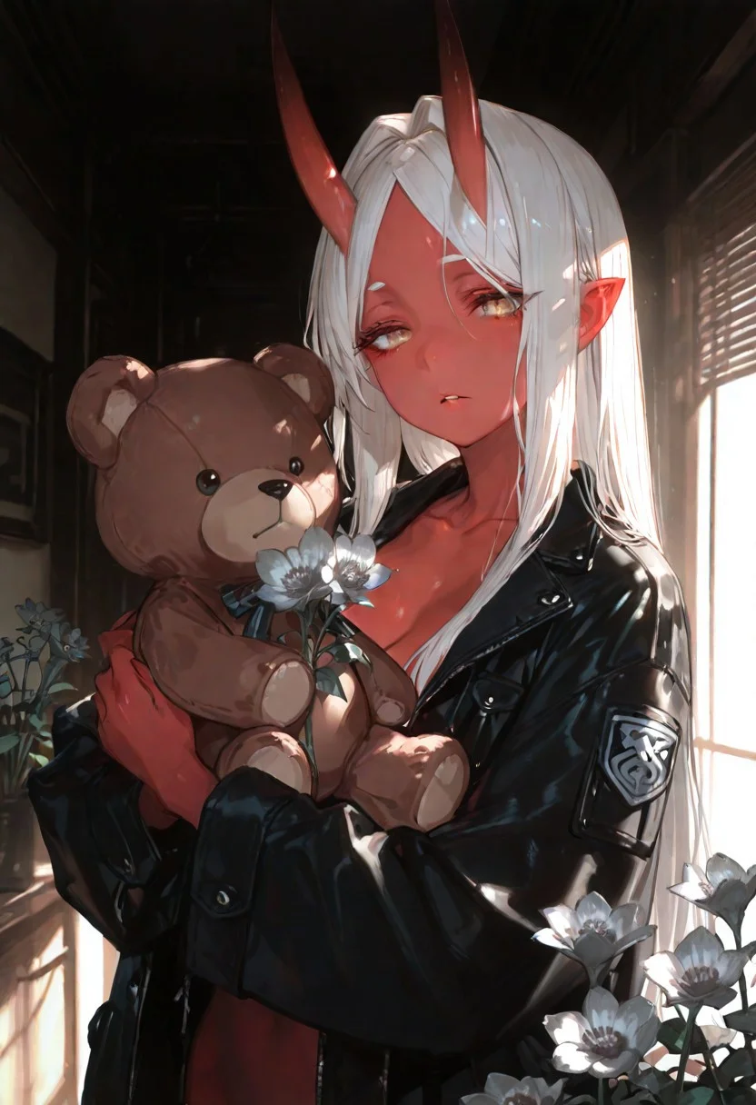 masterpiece, best quality, good quality, newest, highres, absurdres, volumetric lighting,gradient color,
BREAK
raytracing, volumetric lighting, ambient occlusion, girl, background, masterpiece, best quality, very awa, absurdres,
BREAK
Aka-Oni, oni, colored skin, (red skin:1.3), straight horns, solo, long hair, model style,
BREAK
masterpiece,amazing quality,best quality,ultra-detailed,8K,illustration,CG,shiny hair,clear skin,ultra-detailed-eyes, background,cute girl, eyelashes
BREAK,
collarbone, hair intakes, long hair, parted bangs, black jacket, open jacket, jacket, three-quarter sleeves, holding, holding stuffed toy, looking at viewer, parted lips, day, flower, grey flower, plant, stuffed animal, stuffed toy, teddy bear, Cinematic Lighting
