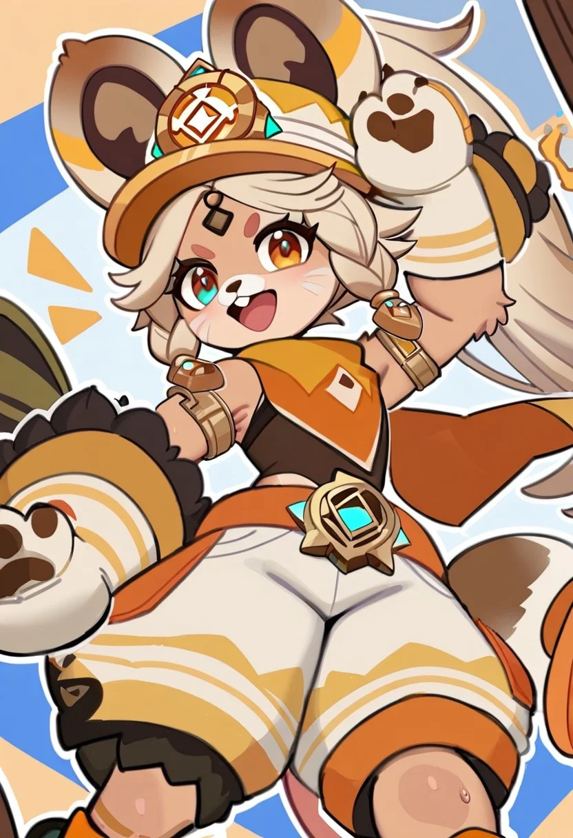 <lora:kachina_(genshin_impact):1>,kachina_(genshin_impact),gloves,socks,bare_shoulders,open_mouth,armlet,:d,animal_hands,looking_at_viewer,forehead_mark,solo,1girl, sweating, sweat drops, big boobs,thin,skinny,presenting tail,shorts,back view, looking back, v hand ,tail, short tail,armpit,arm up,cute,anime,possmach,gray fur,furry,
fur, fluffy fur, whiskers, rodent, source_furry, source_anime Score_9, score_8_up, score_7_up, score_6_up,furry,furry,furry chinchilla, By sssonic2