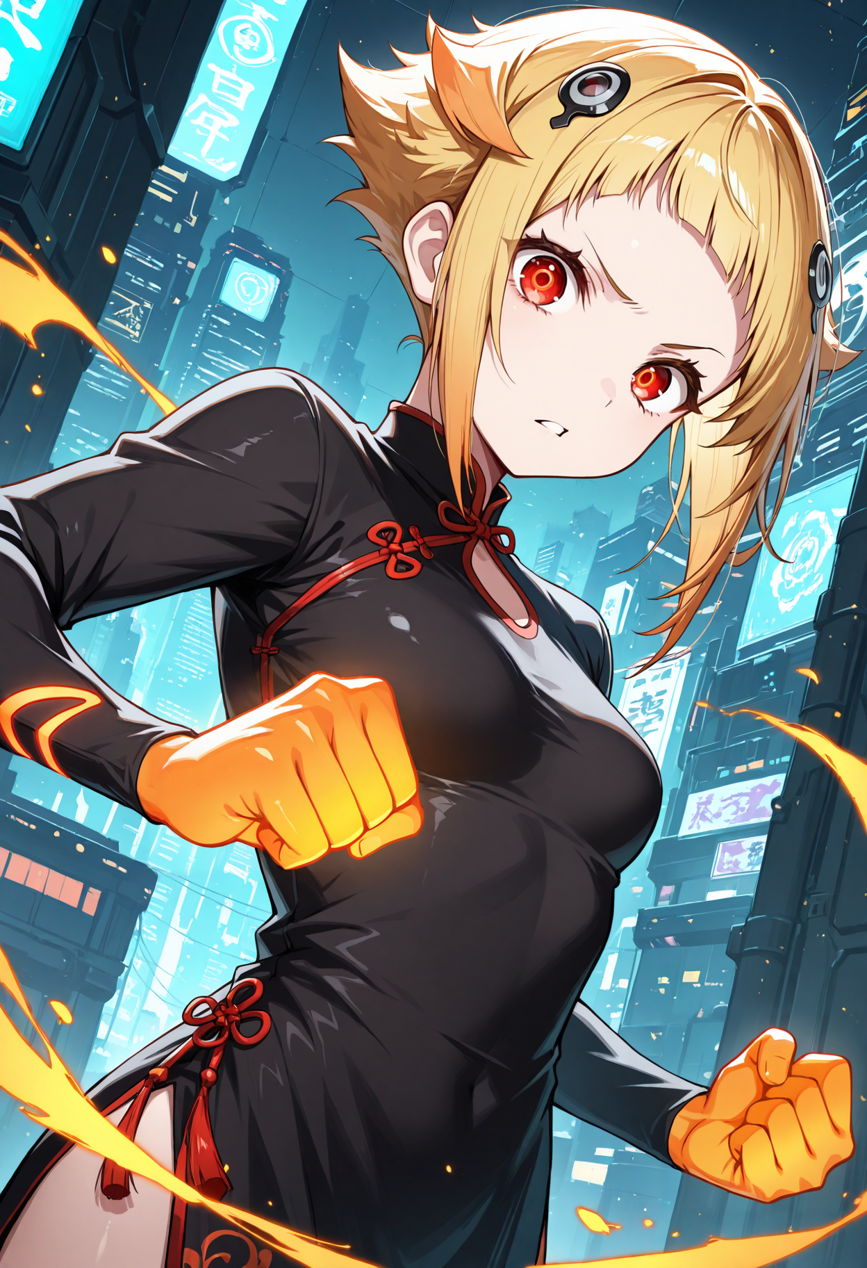 masterpiece, best quality, 1girl, solo, blonde hair, short hair, chinese clothes, changpao, long sleeves, monk, tangzhuang, black dress, cyberspace, cyberpunk, orange glowing outlines, fighting stance, upper body, outstreched arm, red eyes, hair ornament, grid, city, scifi, kung fu, martial arts, looking at viewer, dutch angle, clenched hands, fists, serious, frown, raised eyebrow, parted lips