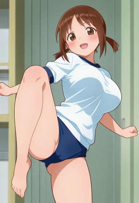 hinako_(issho_ni_training), brown hair, brown eyes, short hair, large breasts,
twintails, gym uniform, blue buruma, barefoot,
<lora:hinako_(issho_ni_training)_Noob-XL-Eps-1.1-v1:1>,, masterpiece,best quality,newest,absurdres,highres,very awa,, standing, (dynamic pose) , blush,
looking at viewer,cowboy shot,open mouth,light smile,
(indoors, )
