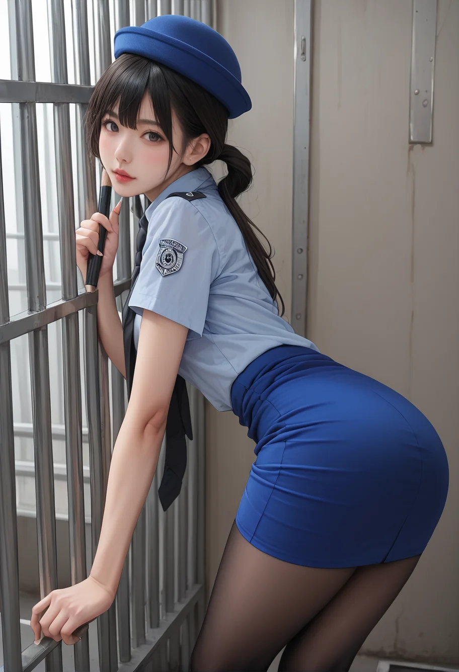 1girl,solo,bent over,,ruanyi0820,black necktie,blue hat,blue shirt,blue skirt,black pantyhose,short sleeves,pencil skirt,prison,<lora:0820 tokisaki kurumi policewoman fan costume_v1_pony:1>, score_9,score_8_up,score_7_up,,8k,1girl,solo,,