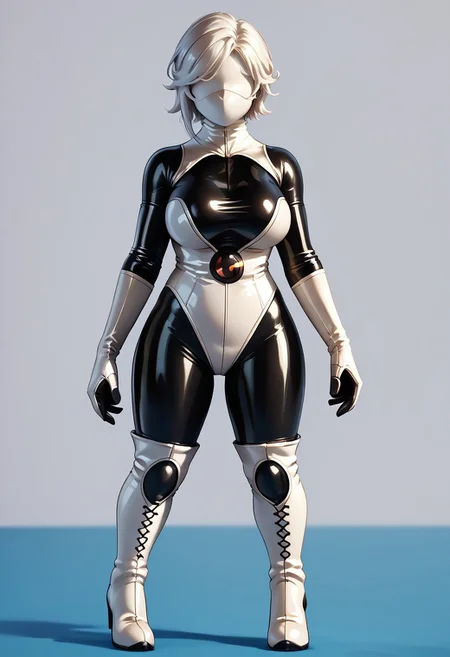Score_10, score_9, score_8, full body, solo, 1girl, mature female, curvy, large breasts, shyhero, gloves, looking at viewer, elbow gloves, mask, white gloves, white hair, white leotard, thigh boots, libredrone, latex, rubber, no face, no eyes, no nose, no mouth