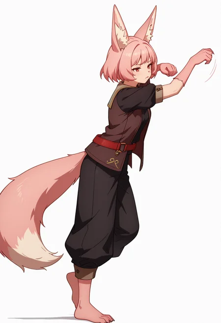 Smooth Quality,masterpiece,very intricate, high quality details, ultra realistic, high detailed skin,detailed enviorement,absurdres,
simple background, white background, dancing, solo,from side,
<lora:Til_CNR:0.8> til_cnr, 1girl,pink hair, short hair, bangs, red eyes, animal ears, fox ears, animal ear fluff, fox tail, furry female, animal hands, claws, black shirt,open jacket,puffy short sleeves,black pants, belt,barefoot,, disappointed,, xd,