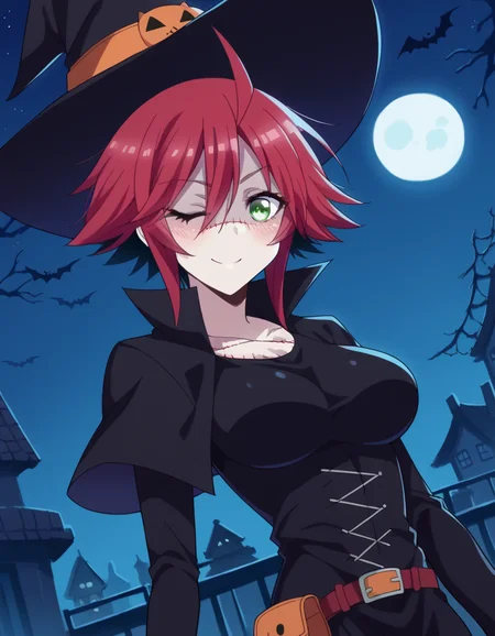 score_9, score_8_up, score_7_up, source_anime, <lora:zombina-s1-ponyxl-lora-nochekaiser:1>, zombina, short hair, large breasts, green eyes, yellow eyes, ahoge, red hair, heterochromia, stitches, zombie, patchwork skin, <lora:witch-ponyxl-lora-nochekaiser:1>, witch, hat, witch hat, dress, halloween, halloween costume, jewelry,, night, moon, blush, smile, one eye closed,, , dutch angle,
