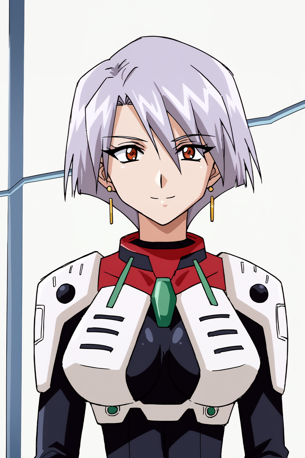 <lora:Divergence_Eve2:0.8>, white background, Lyar von Ertiana, smile, solo, short hair, jewelry, earrings, bodysuit, pilot suit