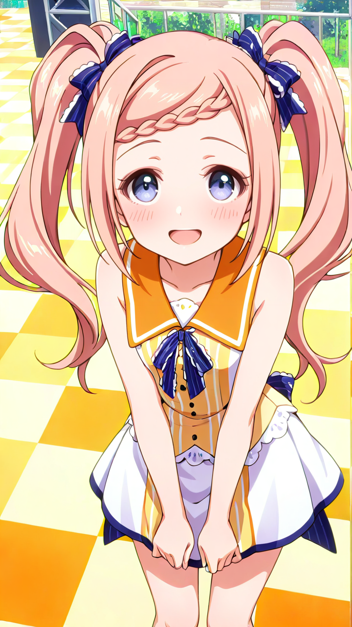 1girl,solo,anime screenshot,from_above,looking_up,flat chest,Champe,<lora:Champe_Illustrious_v4:1>,blush,shy,smile,idol,stage,petite,little_girl,open mouth,looking_at_viewer,, masterpiece, best quality