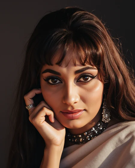 magazine-style portrait of S4dh4n4, inspired by 1960s Indian cinema icons, high-contrast lighting, traditional attire with a modern twist, feathered eyeliner, vintage photo effects, close-up with elegant pose, film grain and color fading for authenticity
 <lora:s4dh4n4_Sadhana_Flux_Kohya_V1b_500Steps:1.0> <lora:aidmaRealisticSkin-FLUX-v0.1:0.4000000000000001>