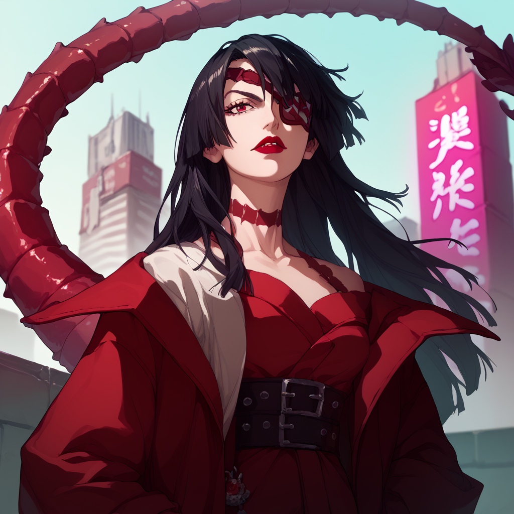 <lora:SlimesAdiane:1>, score_9, score_8_up, score_7_up, slimes_adiane, eyepatch, black hair, long hair, straight on view, scorpion tail, woman, solo, neon city background, red trench coat, lipstick