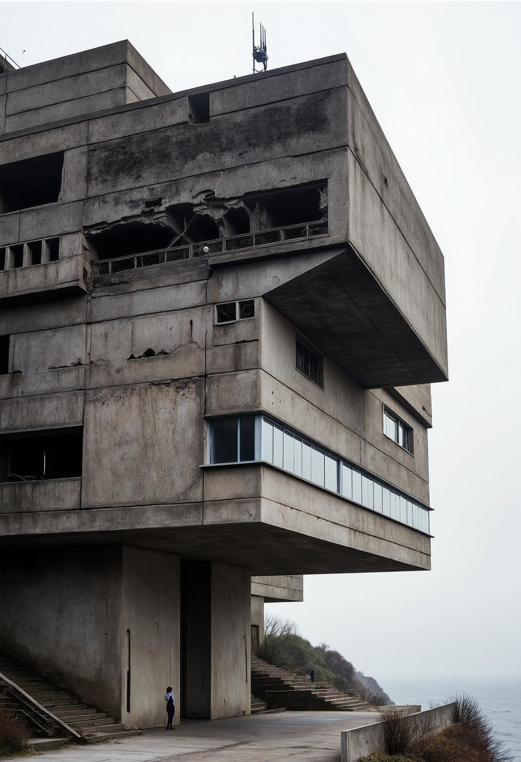A brutalist massive building on a hill overlooking the ocean. Its walls are mouldy and decayed, and in some places the facade has fallen and chipped away. Some antennas are visible on the top of the building. The atmosphere is dark and moody. A silhouette of a woman is visible next to the building. 