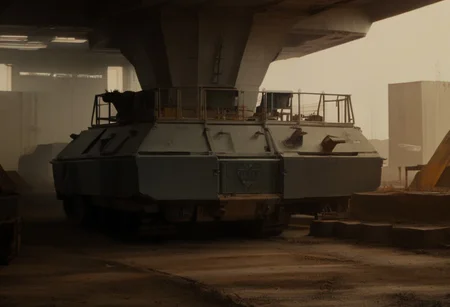 score_9, score_8_up, score_7_up, score_6_up, score_5_up, score_4_up, a large metal structure sitting in a construction area, a soldier is standing in front of a tank, a tower with a radio tower on top of it, monitor, hallway, Industrial_Futurism,