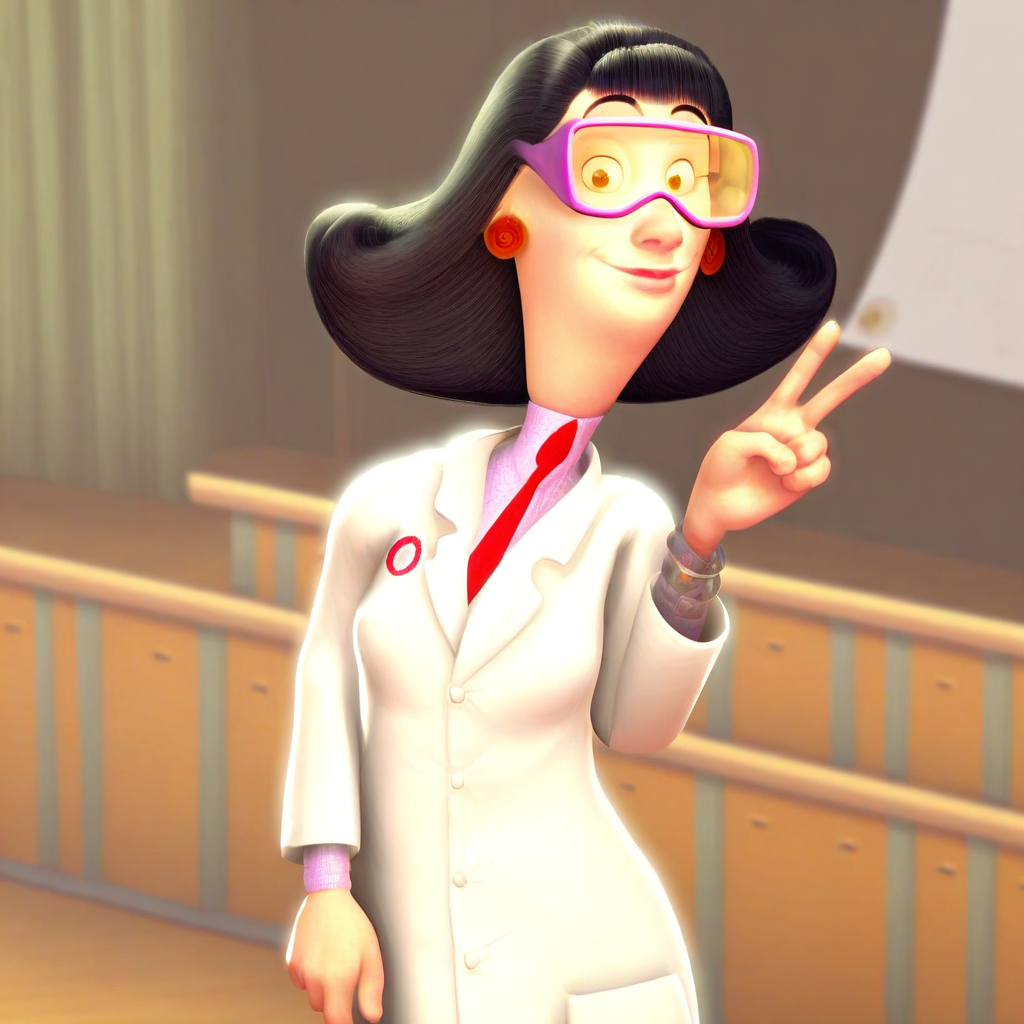 score_9, solo, lucille_mtr, 1girl, black hair, goggles, earrings, labcoat, necktie, laboratory, v, looking at viewer
