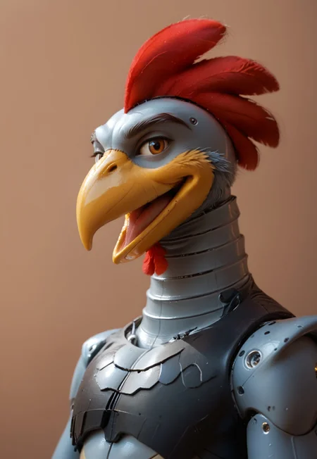 safe_pos, score_9, score_8_up, score_7_up, score_6_up, Scratch, Badnik, robot, metal skin, bird, rooster, beak, male, solo, brown background, gradient background, upper body, open mouth, seductive look