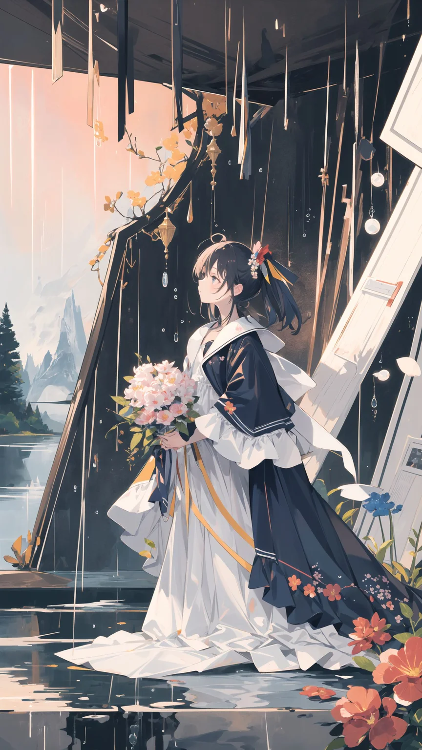 masterpiece, best quality, 1girl, solo, looking away, expressionless, from side, alternate costume, colorful, architecture, floral background, rain, lake, mountain, fog, rainbow, <lora:animetarotV41:1>