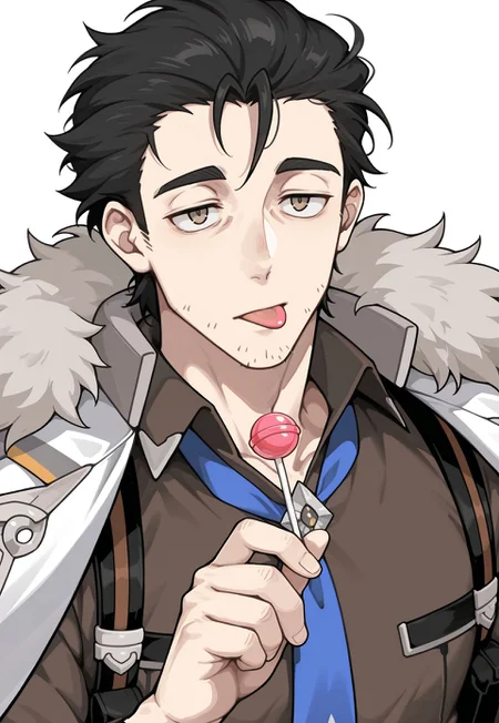 masterpiece, best quality, newest, extreme detail description, amazing quality, 1boy, solo, z3kh3l_wf, brown eyes, black hair, stubble, fur-trimmed coat, coat on shoulders, collared shirt, brown shirt, blue necktie, holding lollipop, bedroom eyes, close-up:1.2, white background