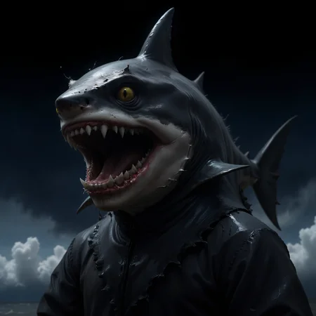 menacing teeth and expressive eyes of the shark, detailed textures of the costume, chaotic environment, clear sky with fluffy white clouds creating a soft light, and bright yellows blending harmoniously, high tension, glossy surfaces, gothic, fantasy, dark, Baroque art, chiaroscuro, landscape painting, biblical themes, small-scale compositions, Light painting, motion studies, experimental techniques