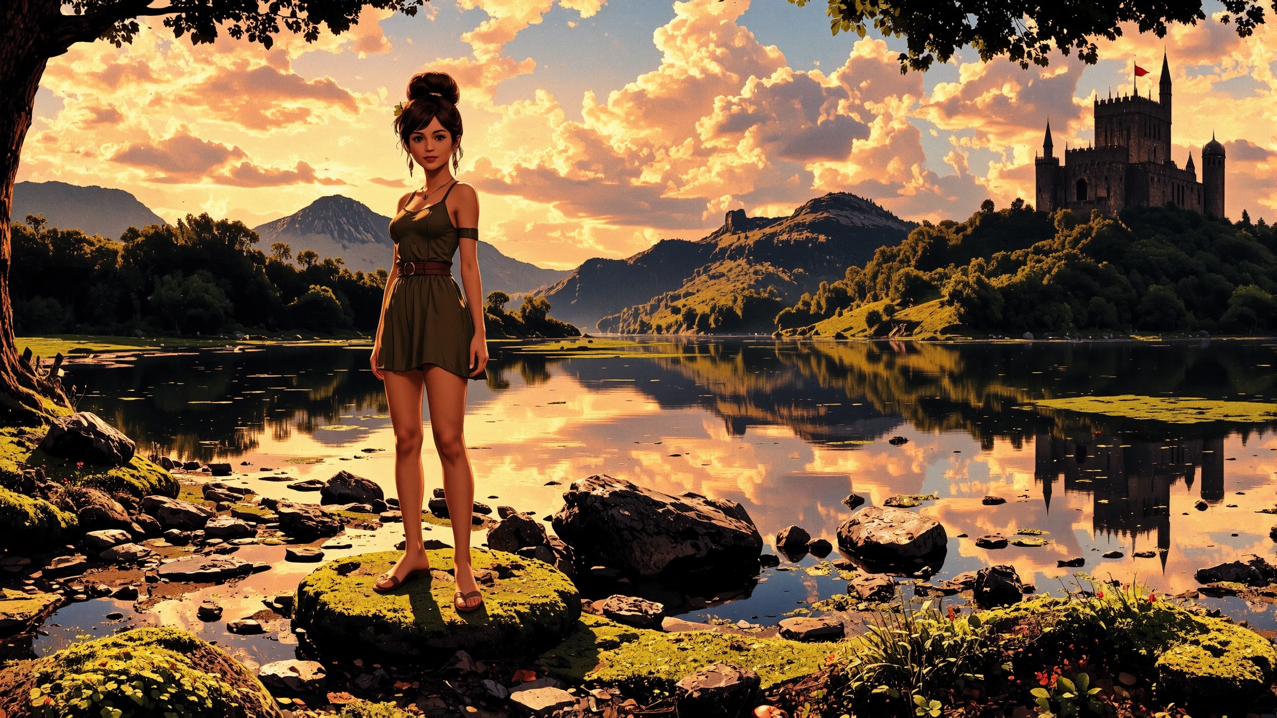 updo hairstyle burgundy hair young woman, druid, illustration, comic, anime, extremely detailed, portrait, standing, happy smile, flower in hair, glossy lipstick, celtic necklace, linear earrings, loincloth, sandals,  Sandstone druid short dress, legs, sharp focus, fantasy, celtic landscape, small rock, moss, ripples, reflections, celtic  castle, small river pond, druid forest, druid village, stunning nature environment, enchanted land, clovers, Bright Chartreuse flowers, best quality, colorful, wet floor, bright sunny sky, sunset, raytracing, hdr, high contrast, ethereal natural lights, backlight, lens flare, shadows, vibrant colors, colorful, pretty, beautiful, happy, smiling, feminine, sexy, lovely, in love, adorable, fashion,  <lora:Hand v2:1> <lora:Anti-Blur:1><lora:Insane Detail Slider:0.5>  <lora:flux.1_lora_flyway_Epic-detail_v2:0.3><lora:fluxenhancer:0.5> <lora:RetroAnimeFluxV1:0.4> <lora:Luminous_Shadowscape:0.4>
