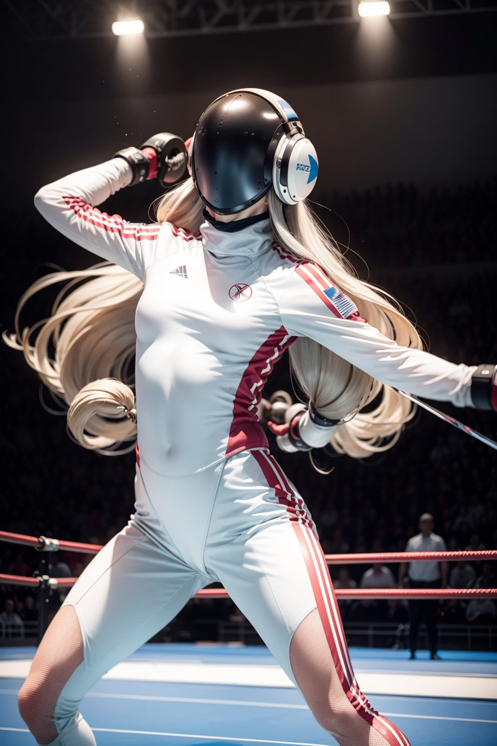 one woman long hair, fencer1 <lora:Fencer:0.45>, facing opponent,
